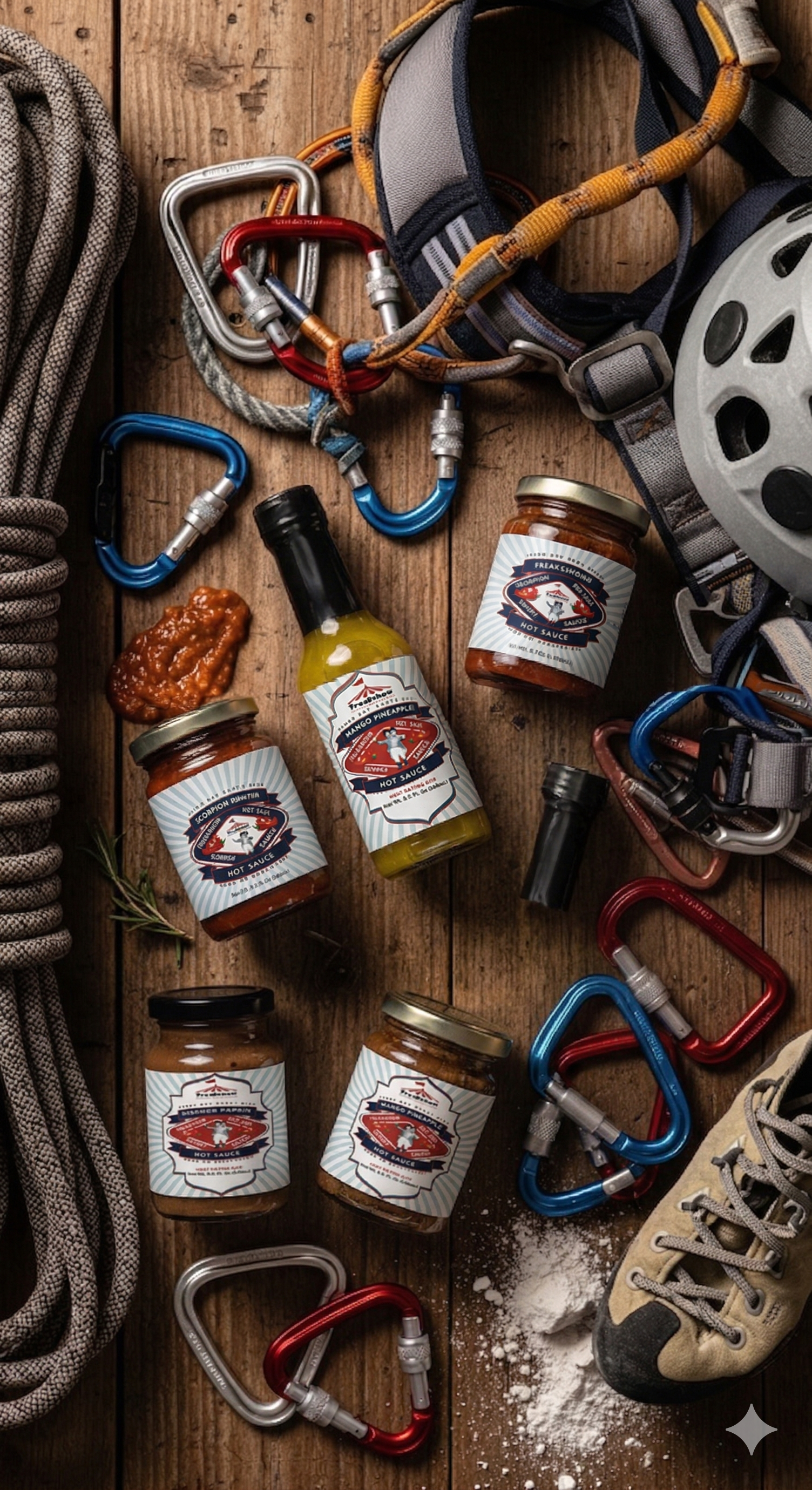 Jars and a bottle of artisan sauces arranged on a rustic wooden table surrounded by climbing gear, rope, and a helmet. Jars and a bottle of artisan sauces arranged on a rustic wooden table surrounded by climbing gear, rope, and a helmet.