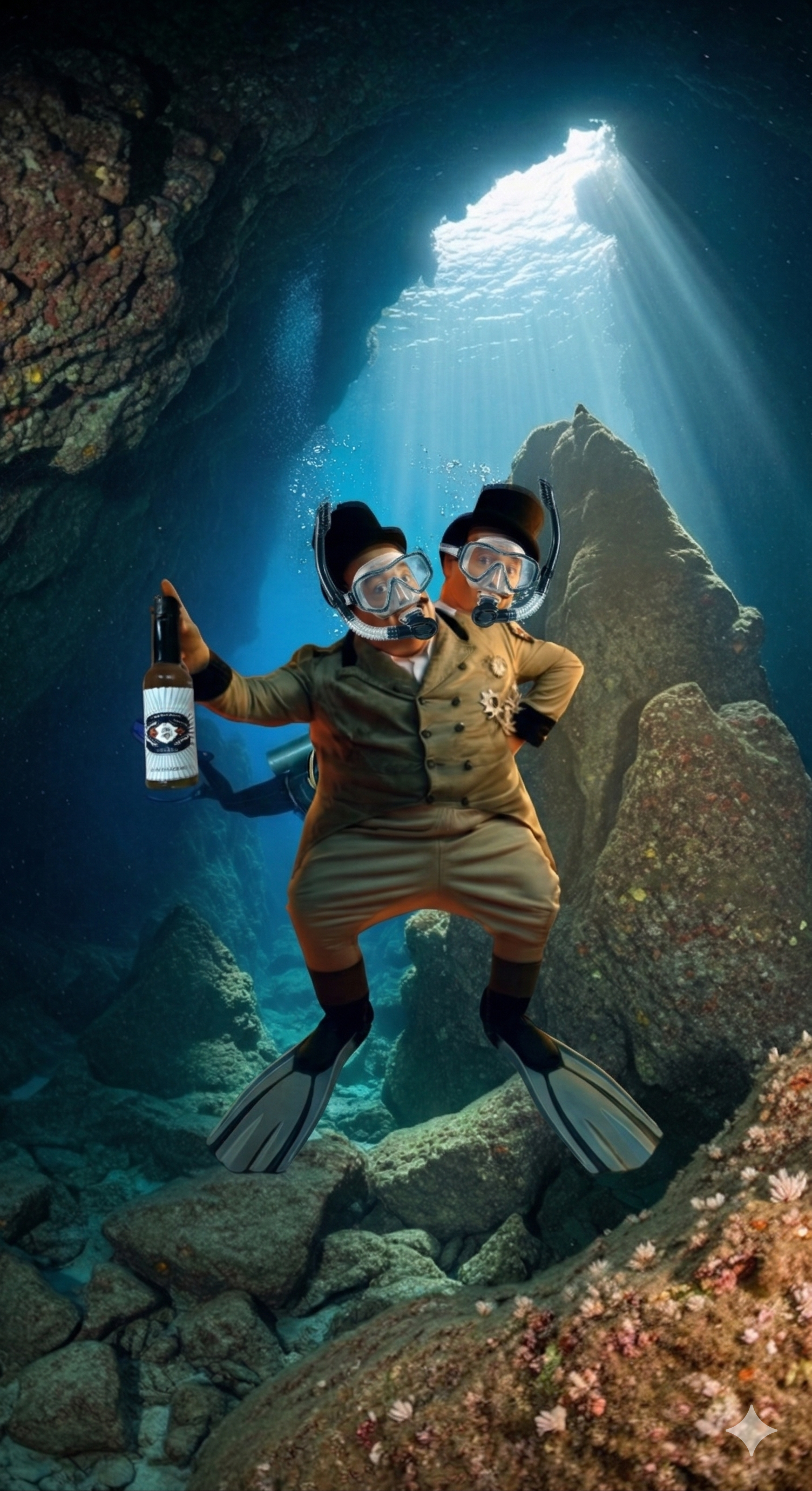 Two-headed figure in a vintage diving suit and top hats underwater, holding a bottle in a rocky, sunlit sea cave. Two-headed figure in a vintage diving suit and top hats underwater, holding a bottle in a rocky, sunlit sea cave.
