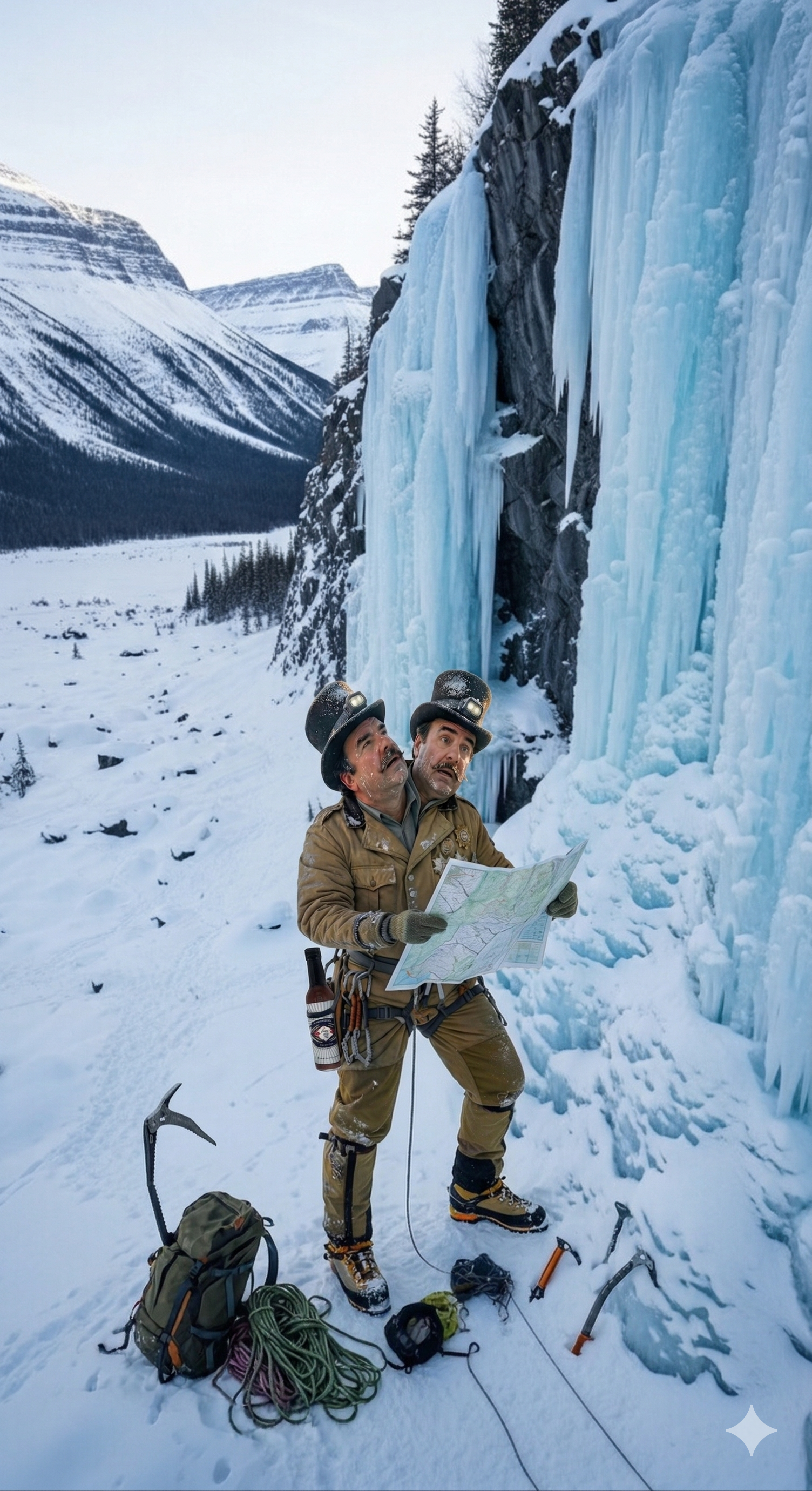 A two-headed climber in tan gear examines a map before a large, blue frozen waterfall in a snowy mountain landscape. A two-headed climber in tan gear examines a map before a large, blue frozen waterfall in a snowy mountain landscape.
