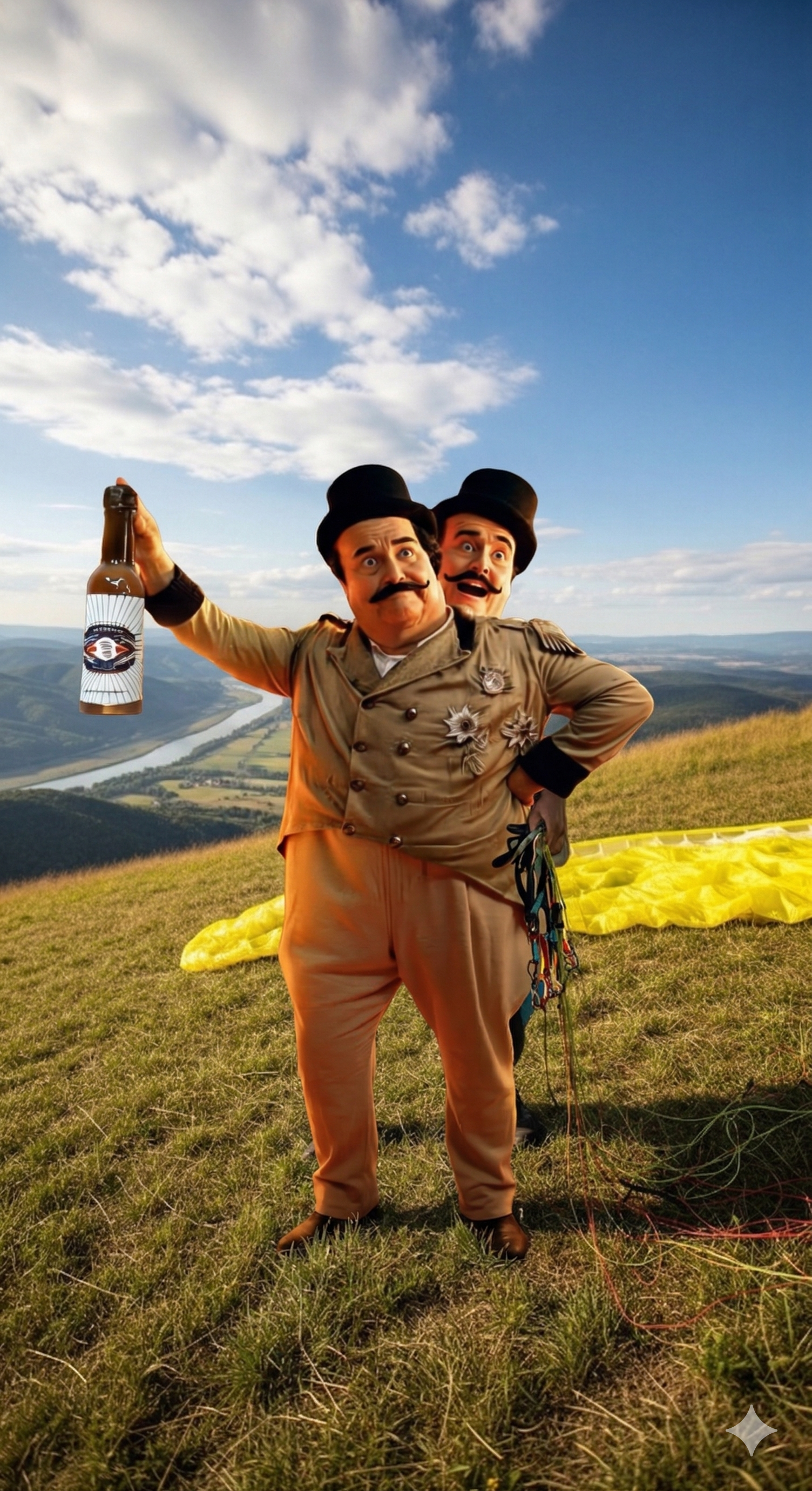Two people in vintage explorer outfits and top hats stand on a grassy hill, one holding a beer bottle, with a landscape.