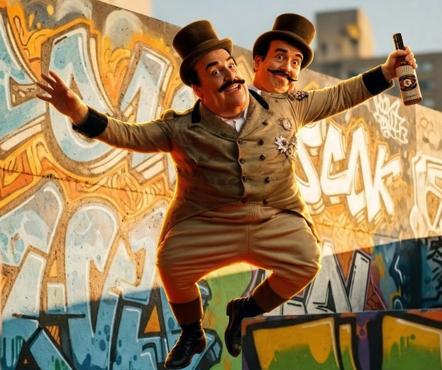 Two men in vintage top hats and coats jump playfully in front of a colorful graffiti wall, one holding a glass bottle. Two men in vintage top hats and coats jump playfully in front of a colorful graffiti wall, one holding a glass bottle.