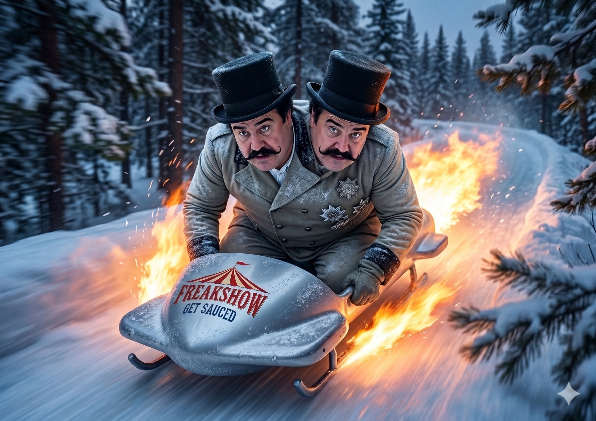 Two men in top hats ride a flaming snowmobile through a snowy forest at dusk. Two men in top hats ride a flaming snowmobile through a snowy forest at dusk.