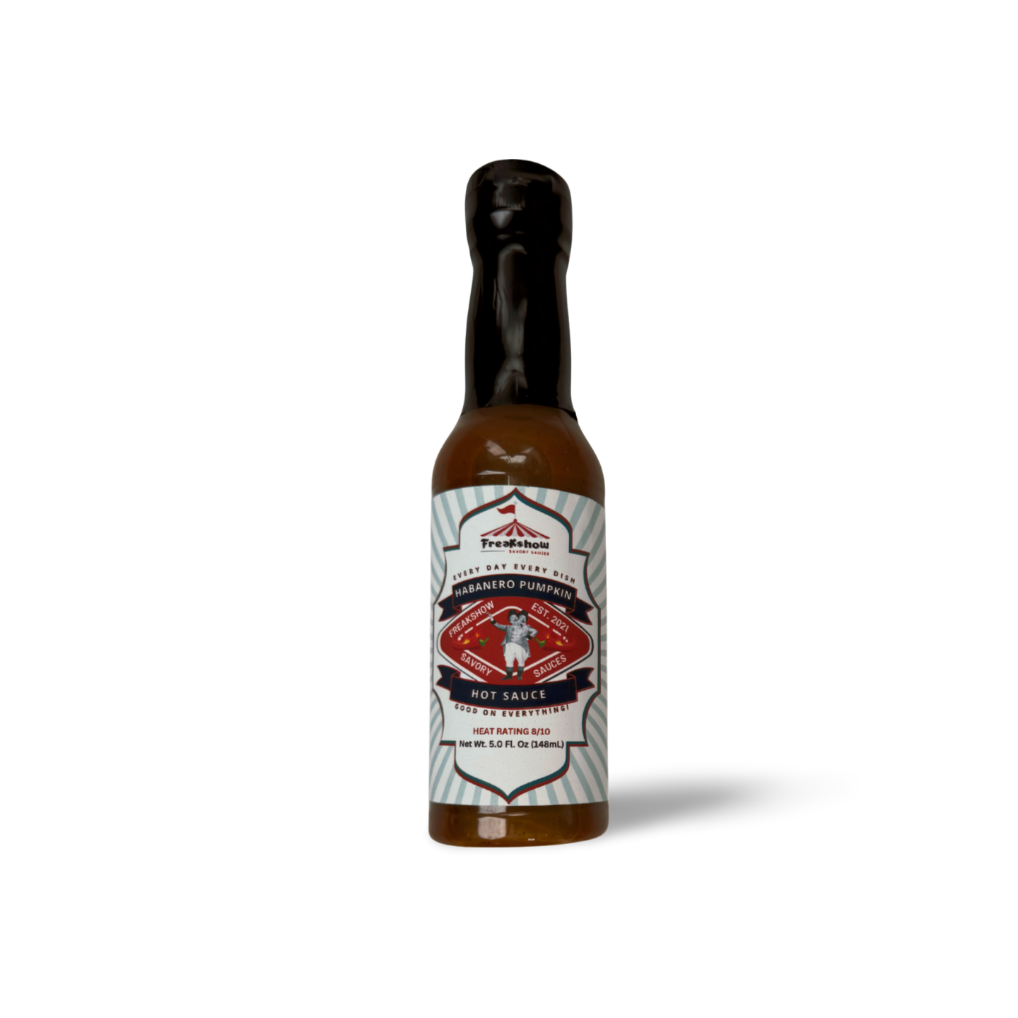 A small bottle of hot sauce on a white background.