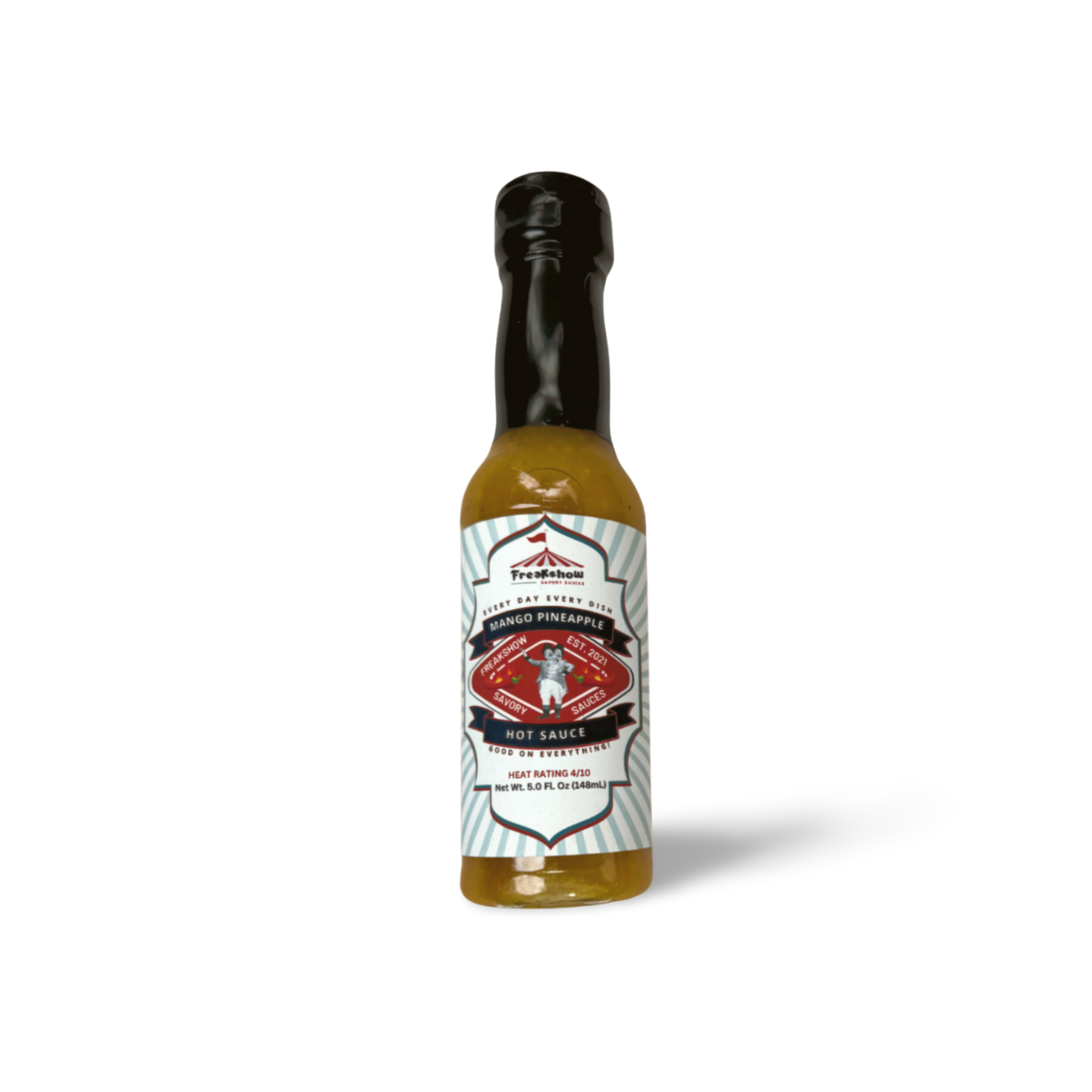 A small bottle of hot sauce on a white background.