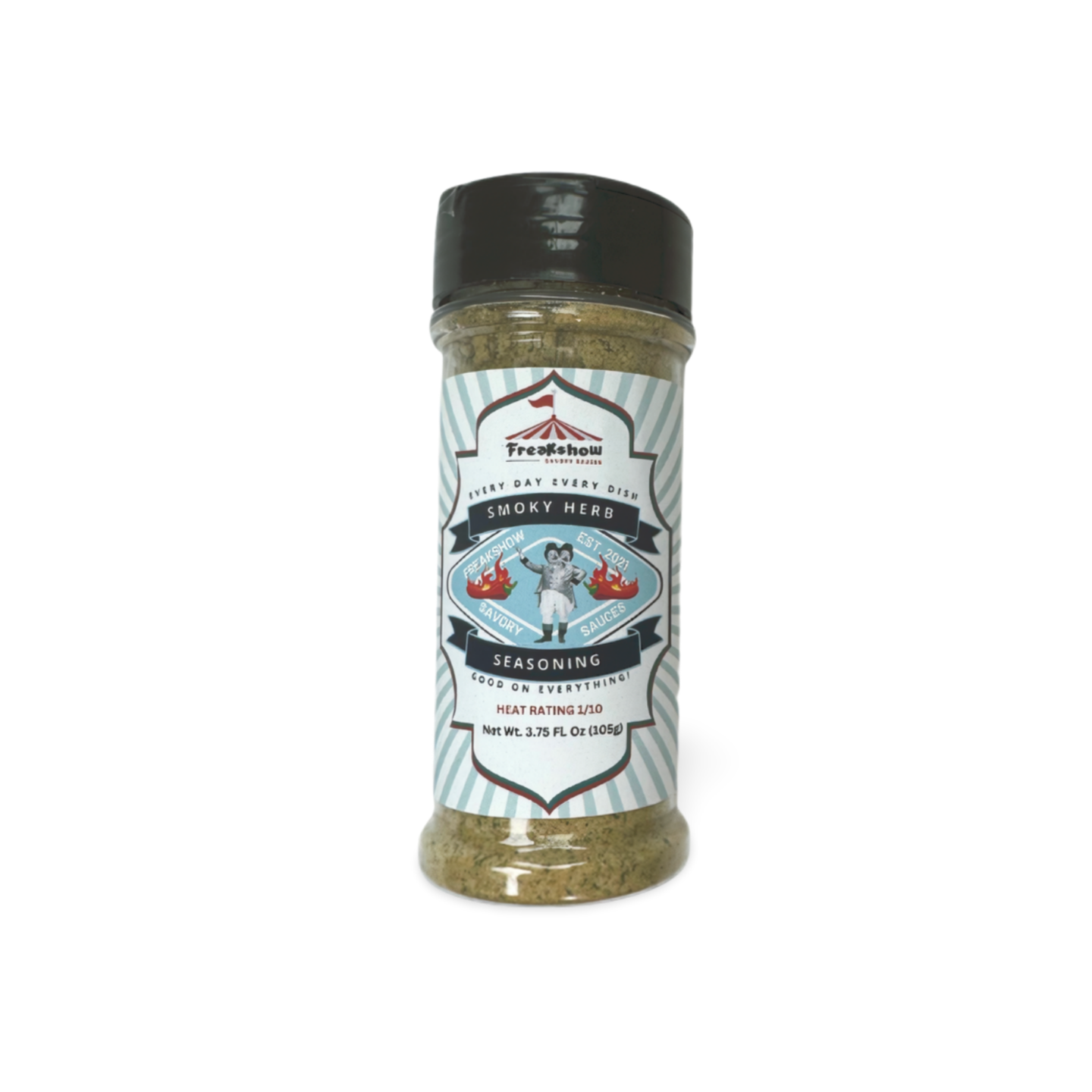 A bottle of seasoning with a chef on the label on a white background.