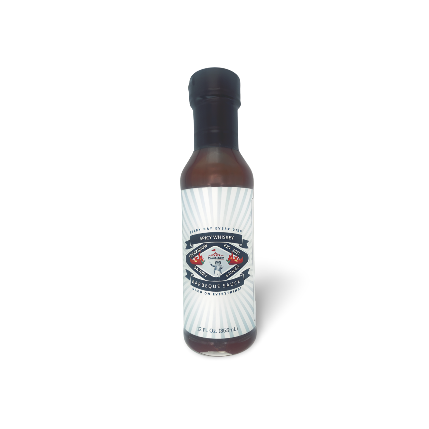 A bottle of hot sauce with a white label on a white background.