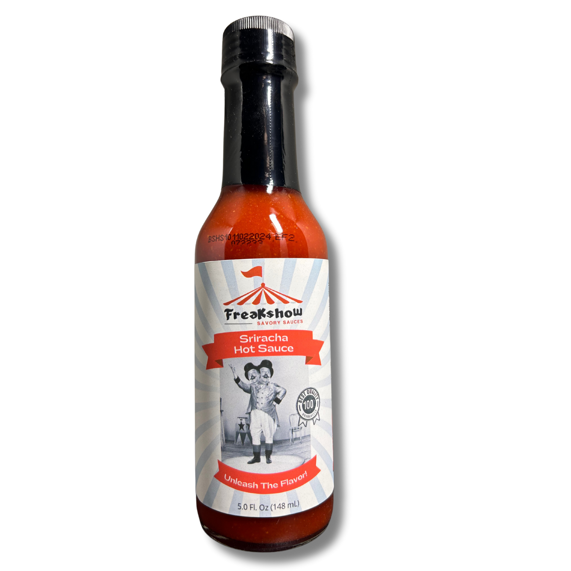 A bottle of hot sauce with a picture of a man on the label.