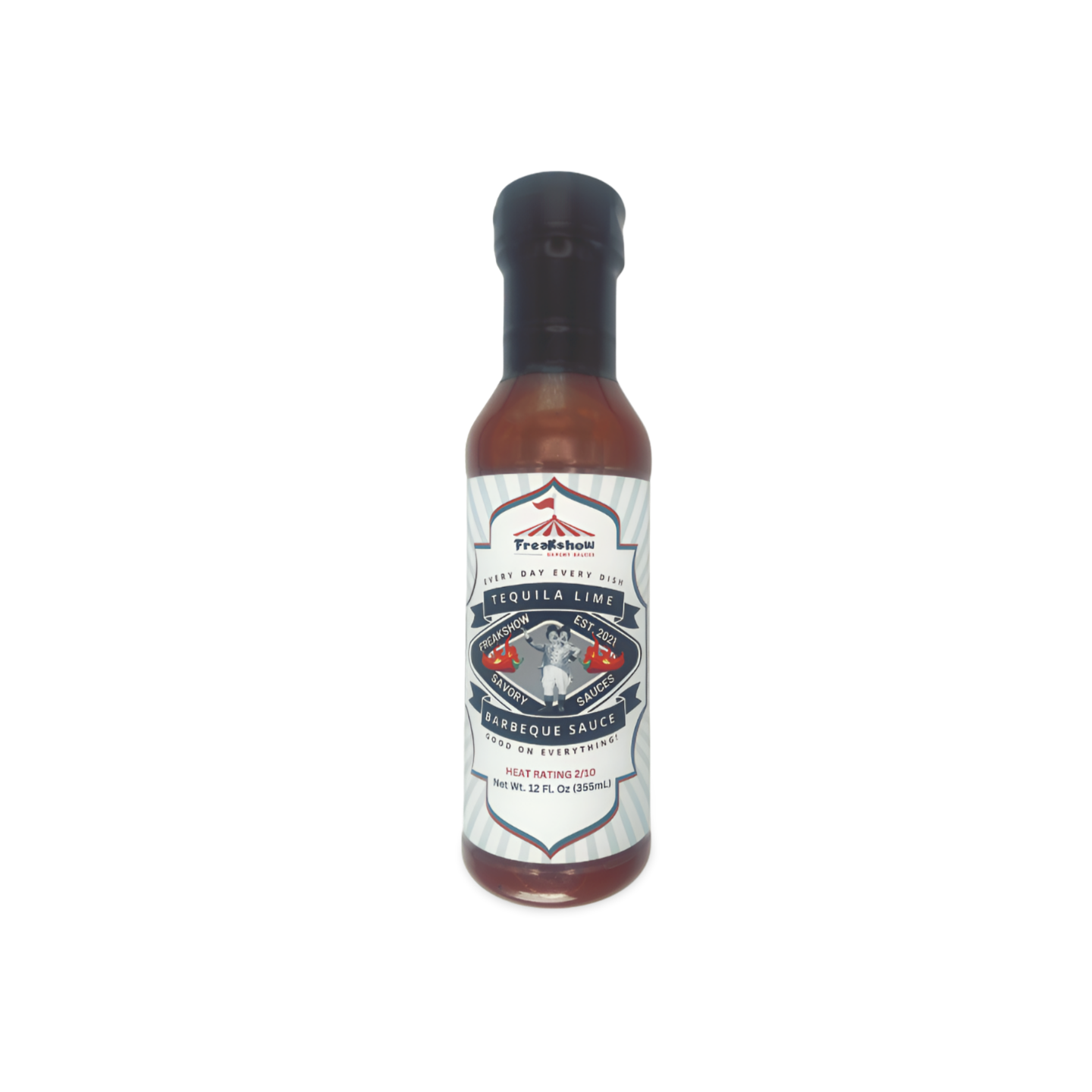 A bottle of hot sauce with a white label on a white background.