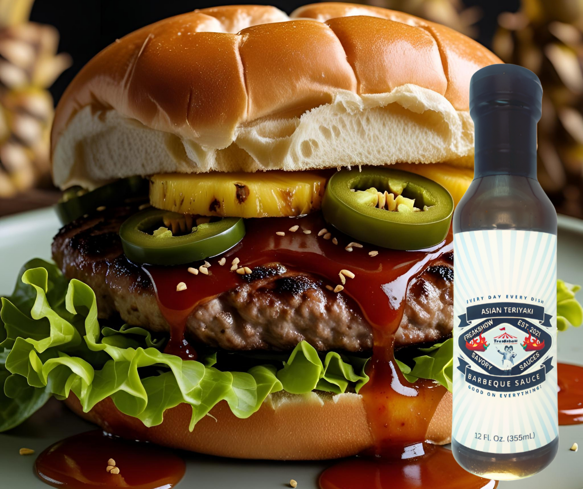 A hamburger with a bottle of Freakshow Savory Sauces Asian Teriyaki Bottle by it