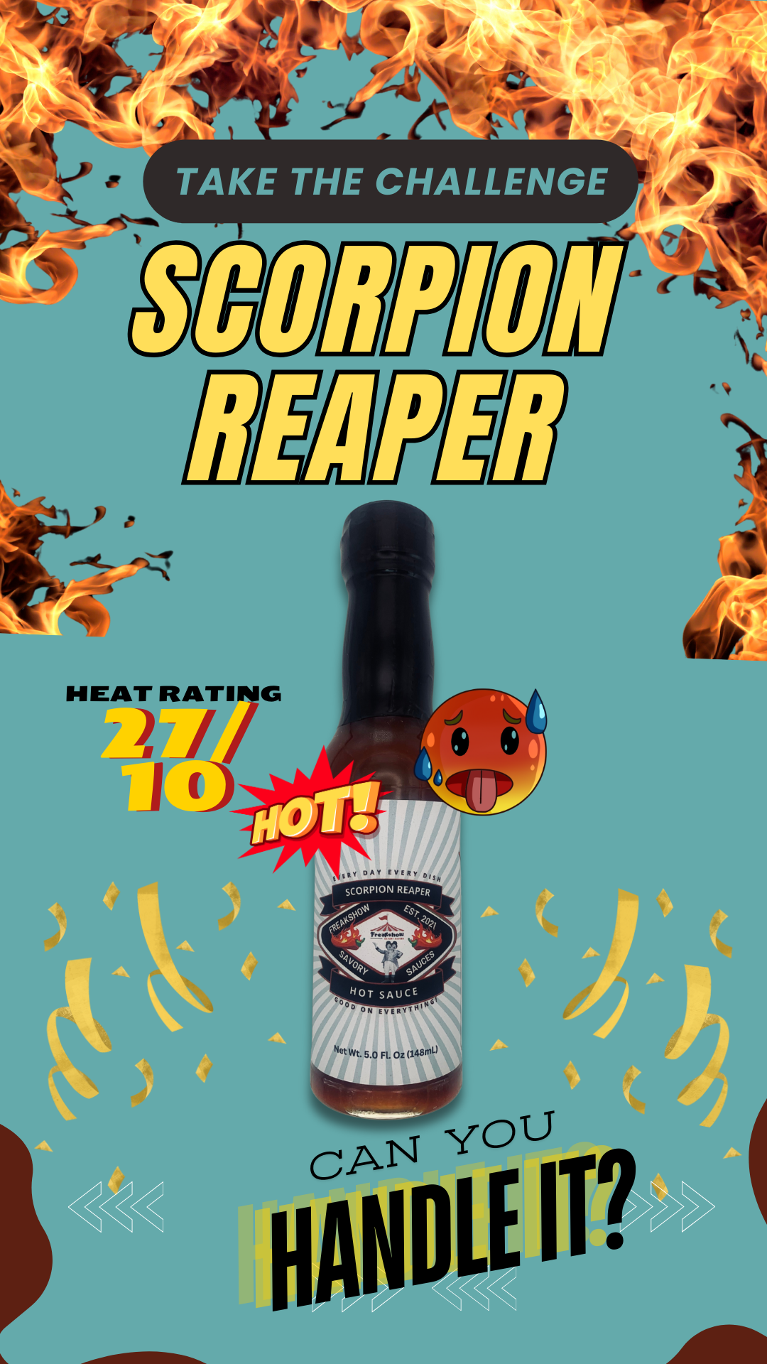 A bottle of scorpion reaper hot sauce on a blue background