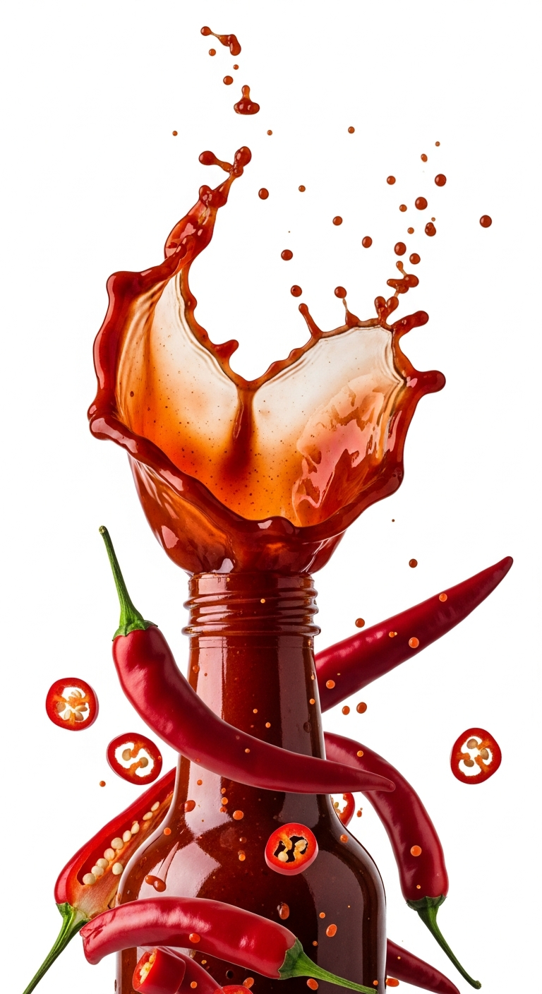 Hot sauce bottle erupting with red liquid, wrapped with chili peppers and slices.
