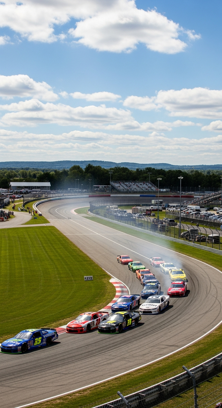 A pack of race cars drives around a curved track on a sunny day, with some smoke visible near the center of the group. A pack of race cars drives around a curved track on a sunny day, with some smoke visible near the center of the group.