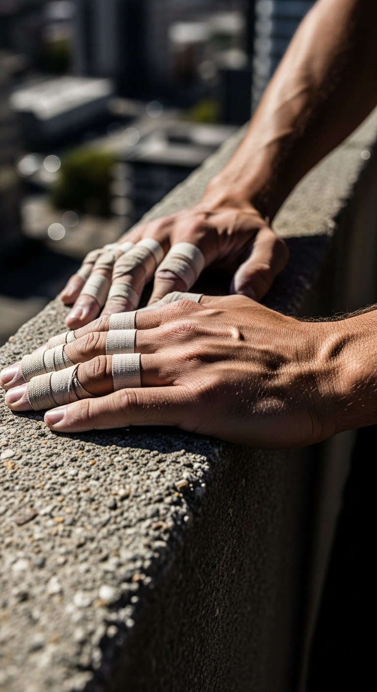 Two hands with taped fingers resting on a stone ledge, overlooking a city skyline. Two hands with taped fingers resting on a stone ledge, overlooking a city skyline.