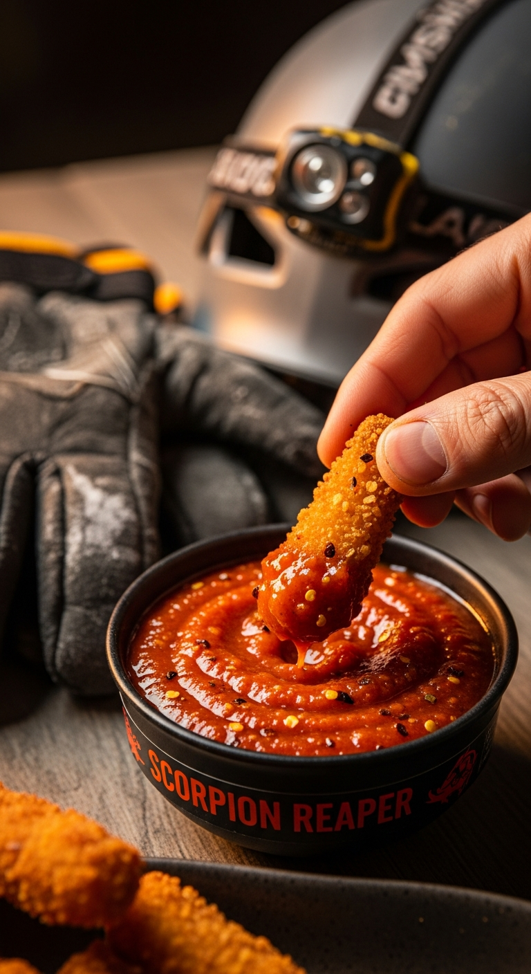 A hand dips a crispy breaded appetizer into a small bowl labeled A hand dips a crispy breaded appetizer into a small bowl labeled