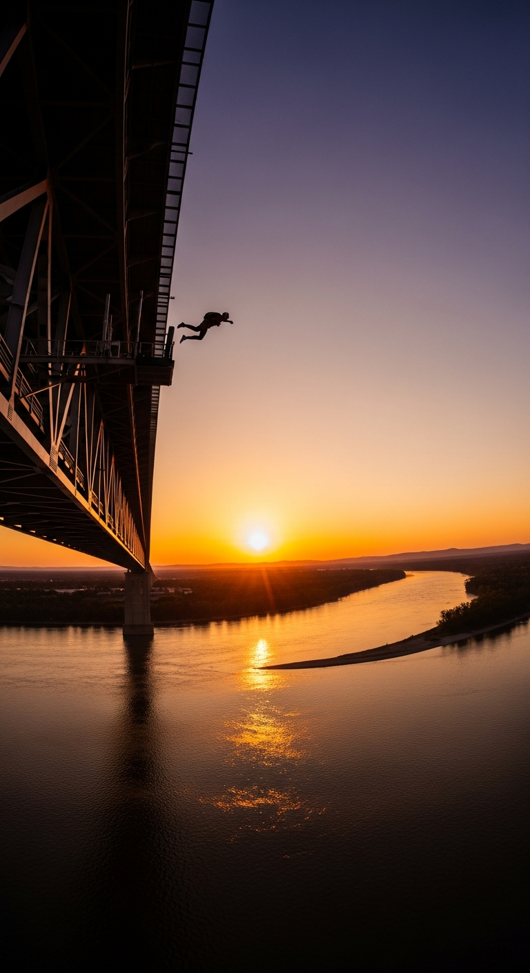 A silhouette of a person jumping from a large bridge toward a river during a golden sunset. A silhouette of a person jumping from a large bridge toward a river during a golden sunset.