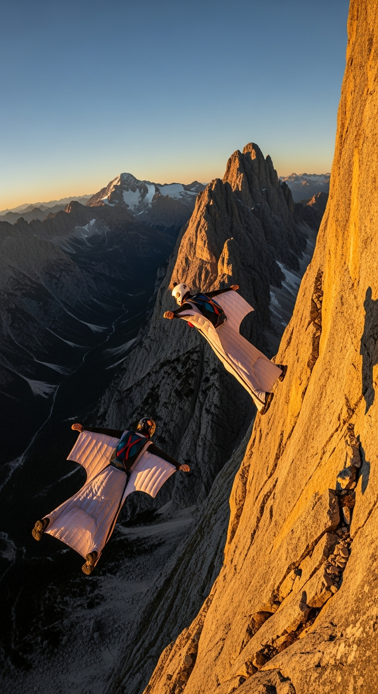 Two wingsuit flyers glide alongside a sunlit, jagged mountain face at dusk, with snow-capped peaks in the background.