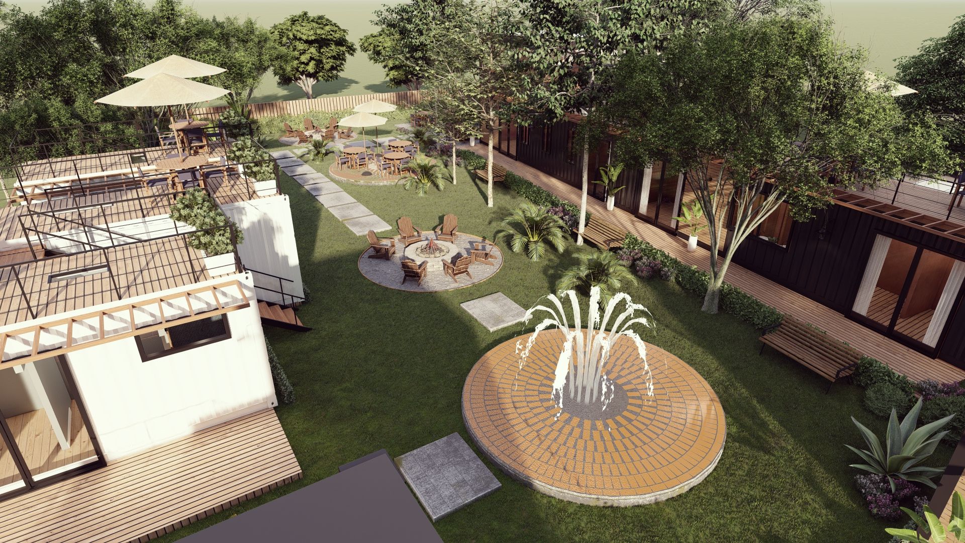 An aerial view of a garden with a fountain in the middle