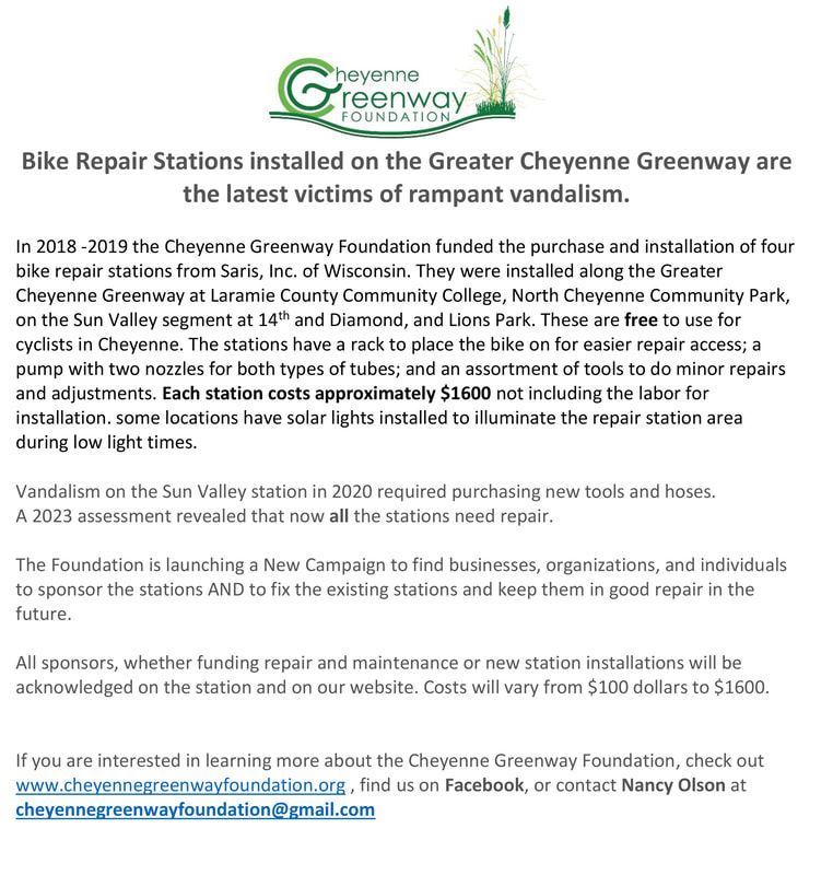 Flyer about vandalized bike repair stations on the Cheyenne Greenway, seeking sponsors for repairs and maintenance.