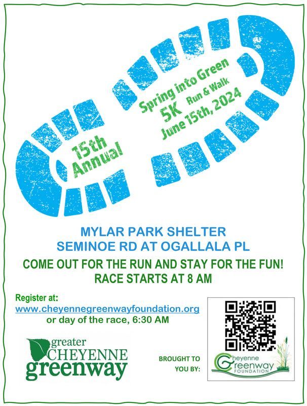 Poster for the 15th Annual Spring into Green 5K Run & Walk. June 15th, 2024 at Mylar Park Shelter, Cheyenne, Wyoming.