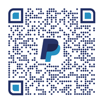 PayPal QR code for payments. Features PayPal logo in the center and blue and black blocks.