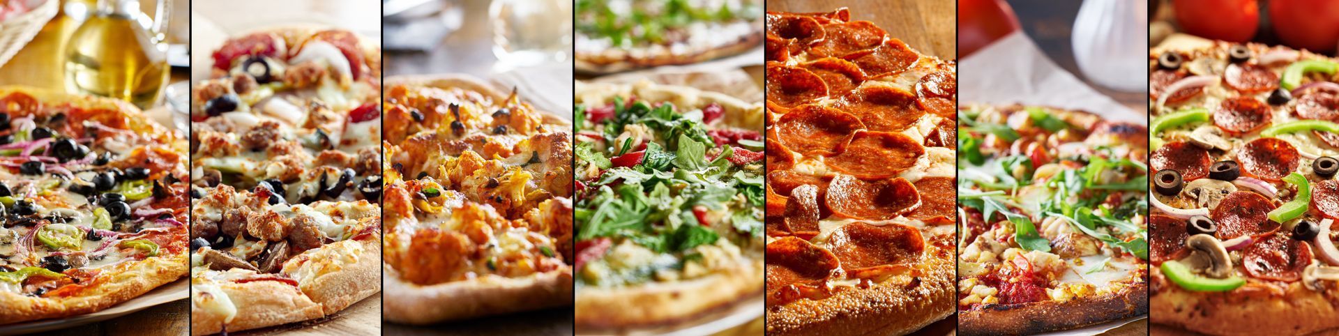 Collage Of Seven Different Pizza Varieties