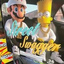 Mario and Bart Simpson figurines in a car, with “Street Swagger” text overlay.