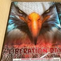 T-shirt graphic of an eagle face with fiery orange beak and the words “LIBERATION DAY” across the bottom
