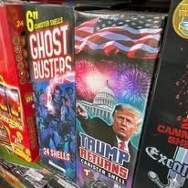 Fireworks boxes on a shelf, including Ghostbusters and Trump Returns designs