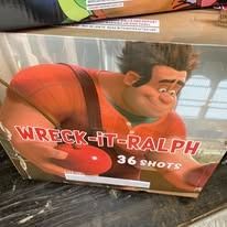 Wreck-It Ralph fireworks box labeled “36 shots,” with Ralph’s face on the front.