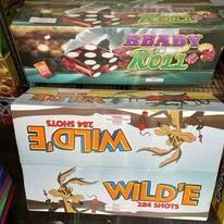 Stacked fireworks boxes: Baby Rizz on top, Wilde 18-shot beneath.