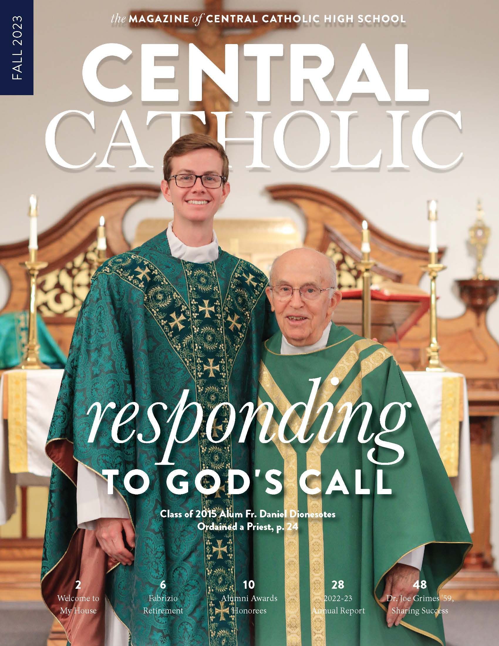 The cover of the central catholic magazine shows two priests standing next to each other in a church.