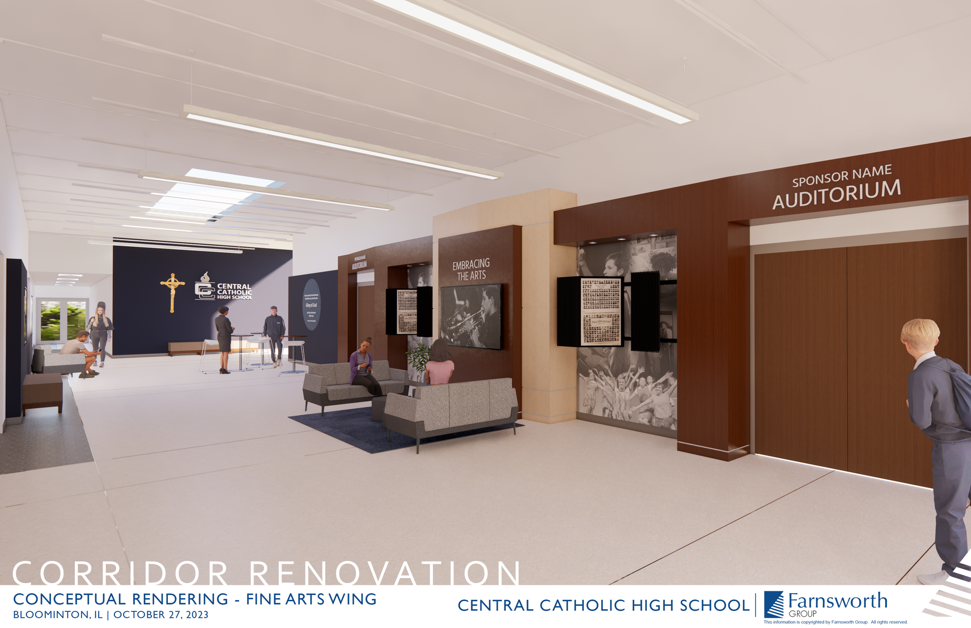 An artist 's impression of a corridor renovation at a catholic high school.