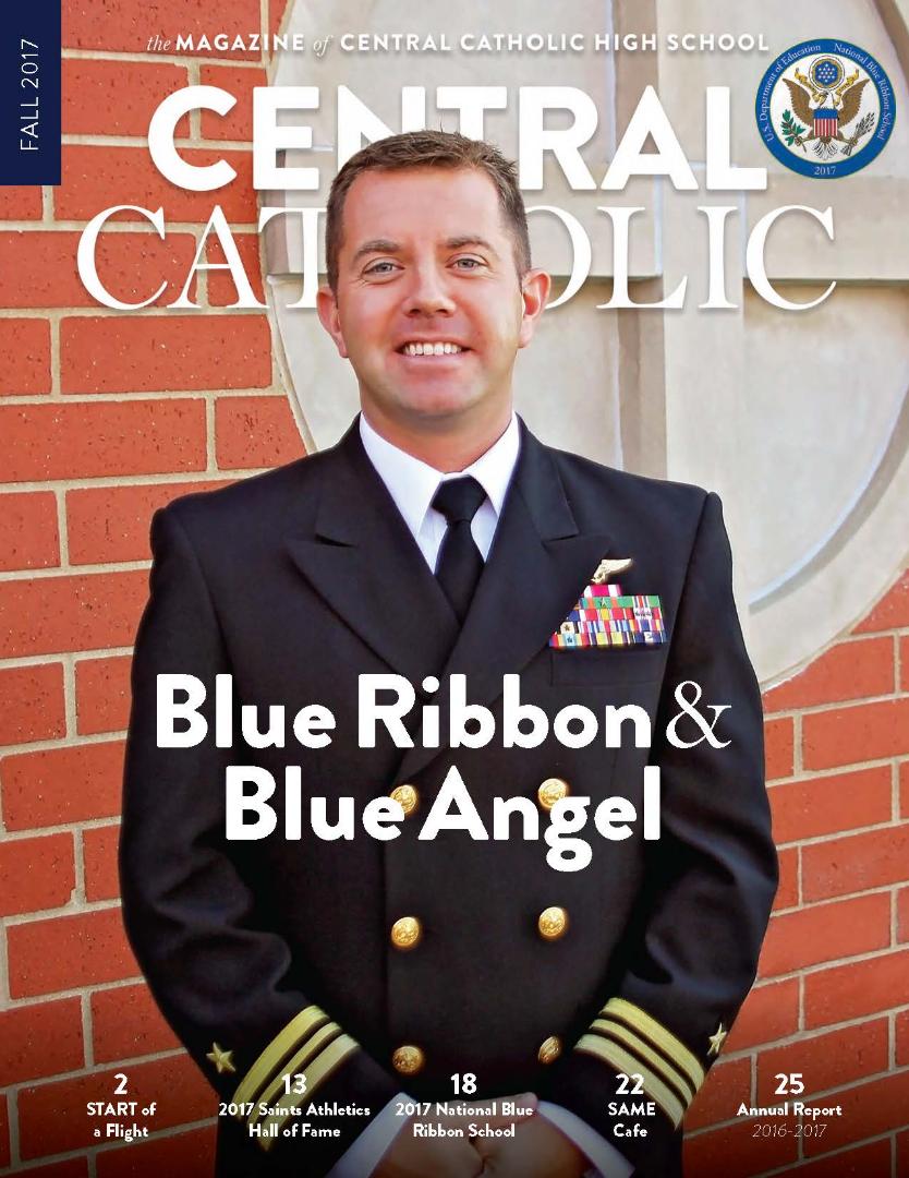 A man in a navy uniform is on the cover of central catholic magazine