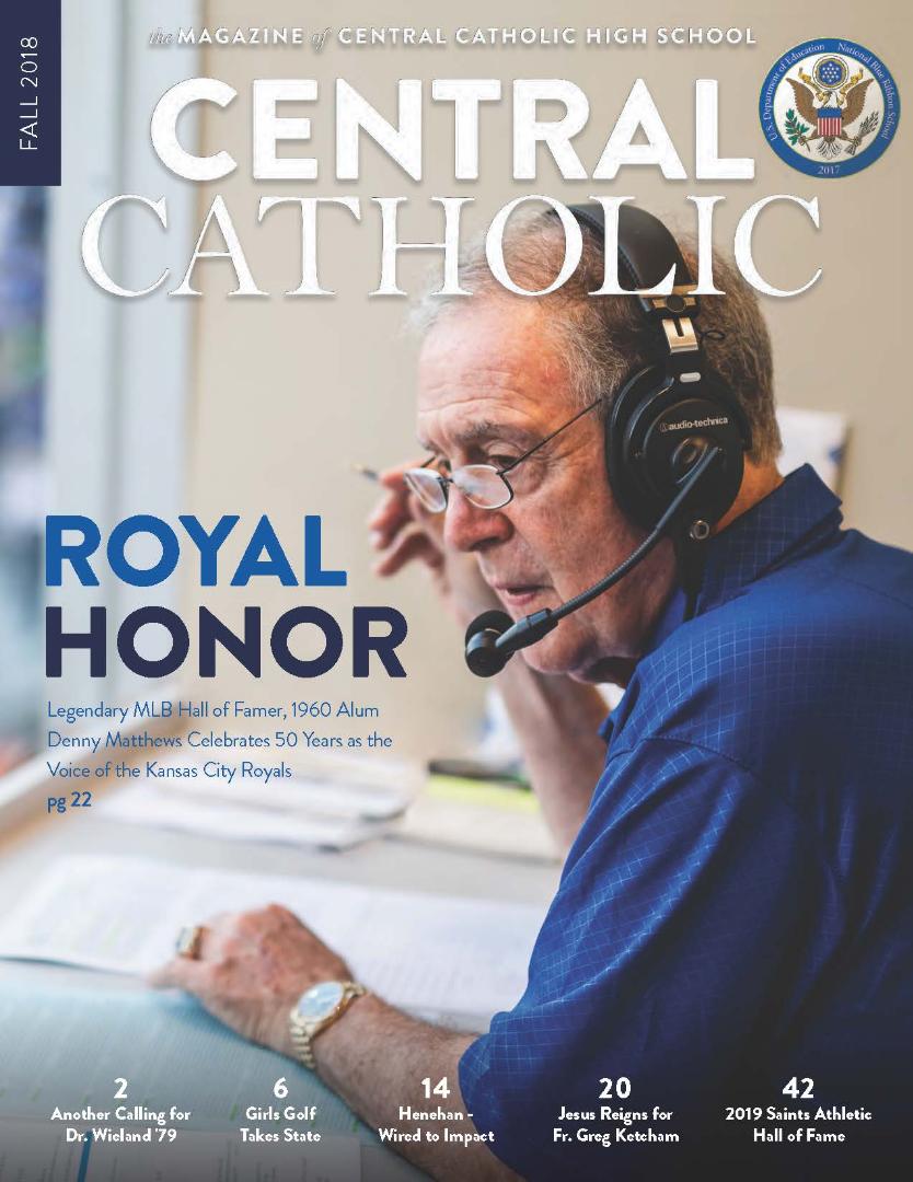 A man wearing headphones is on the cover of central catholic magazine
