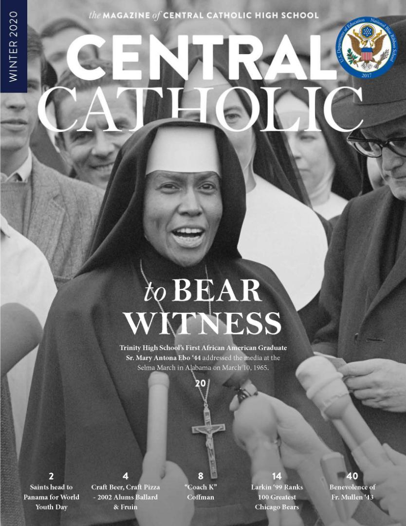 A black and white photo of a nun on the cover of central catholic magazine
