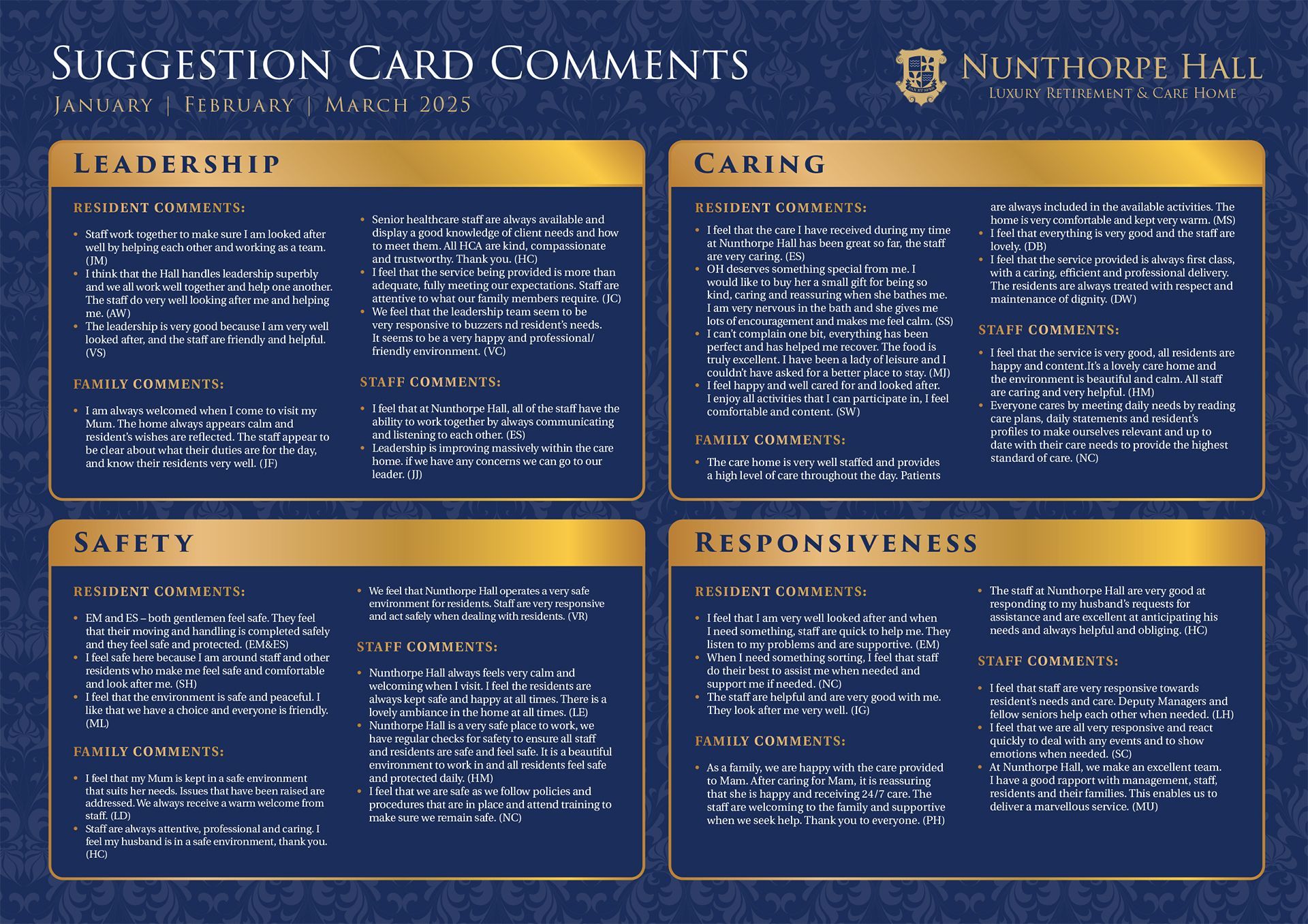 Resident and family feedback comments displayed at Nunthorpe Hall