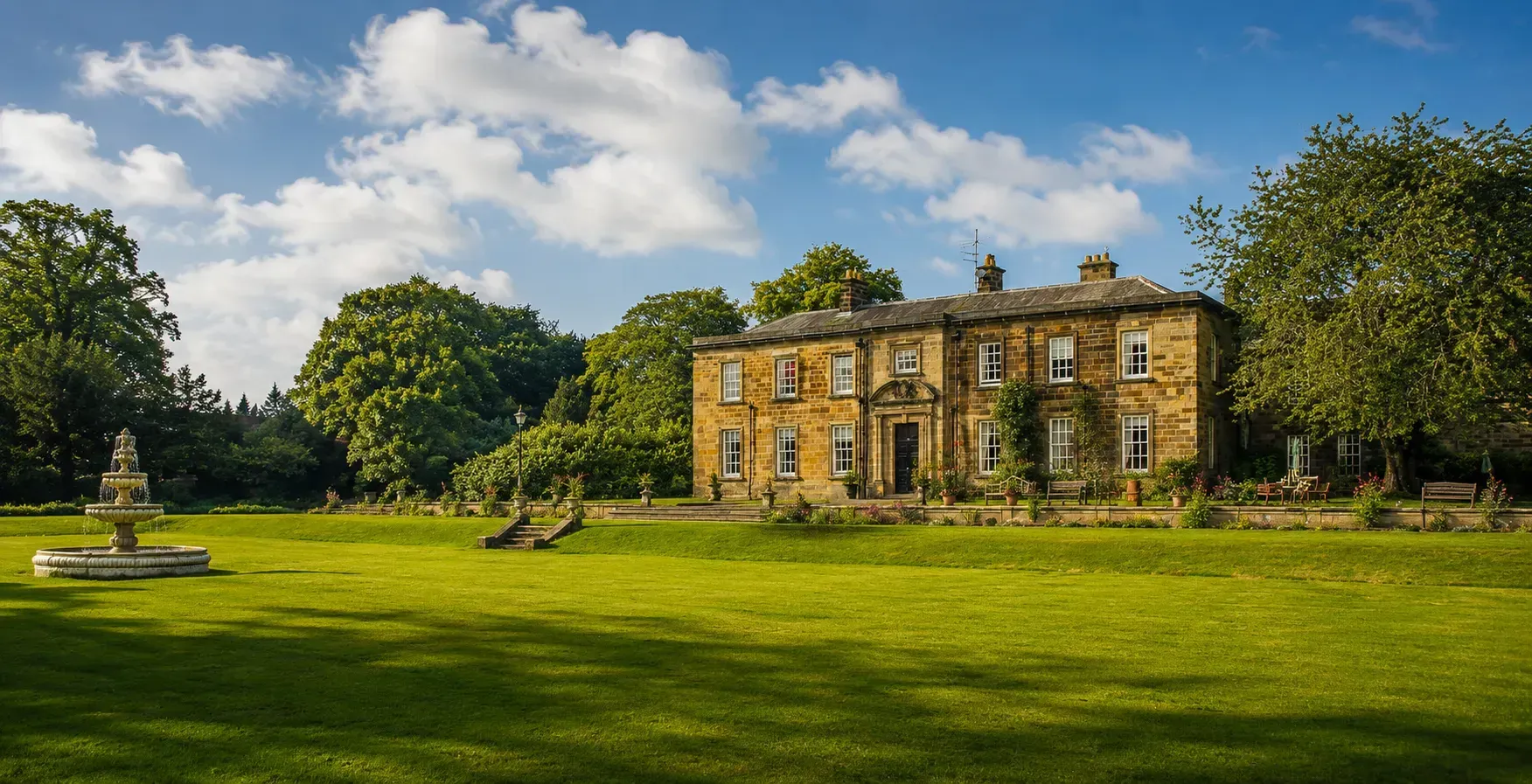 Nunthorpe Hall surrounded by landscaped gardens and open lawns on a bright summer day.