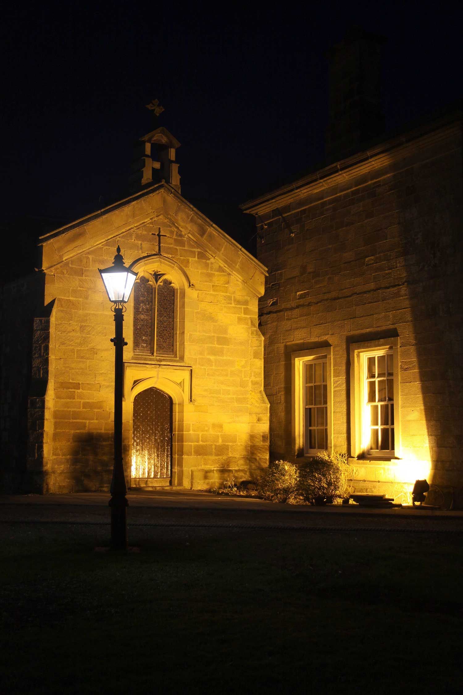 Chapel at Nunthorpe Hall illuminated at night