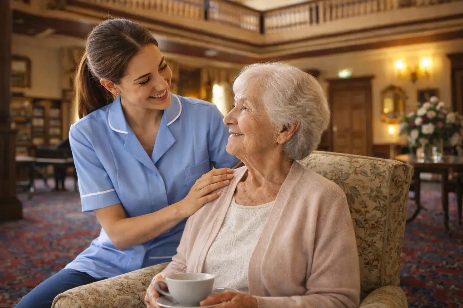 Compassionate care at Nunthorpe Hall, staff member supporting elderly resident in elegant lounge setting.
