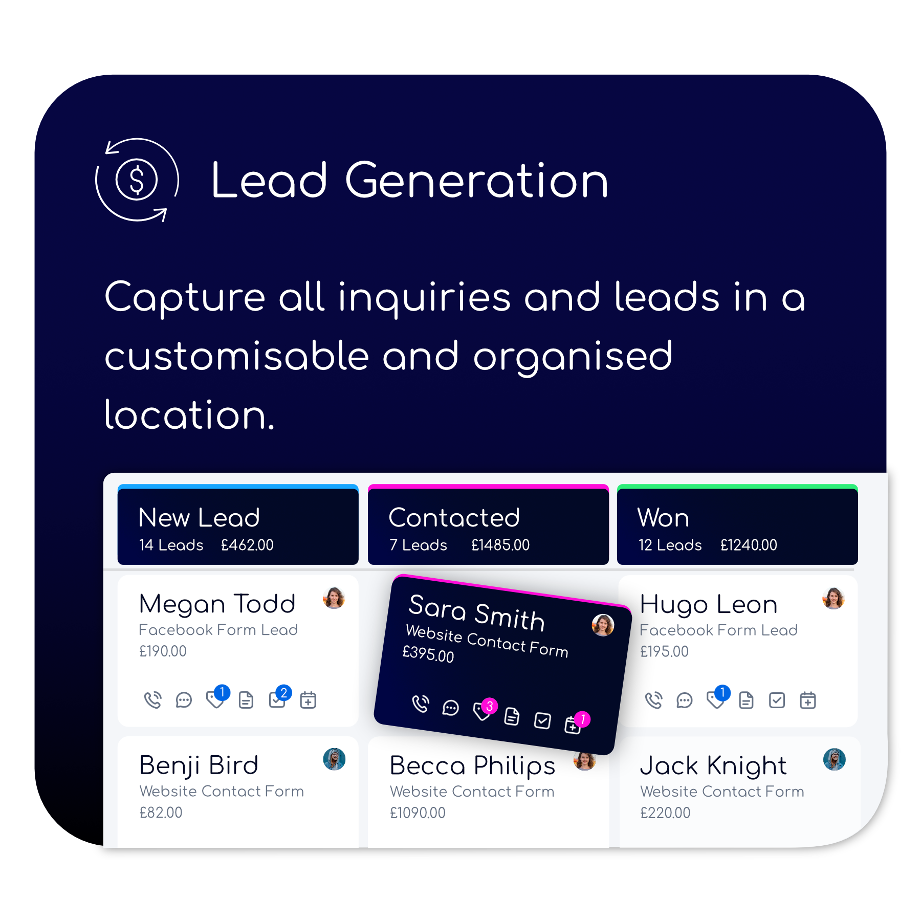 Lead generation capture all inquiries and leads in a customizable and organized location.