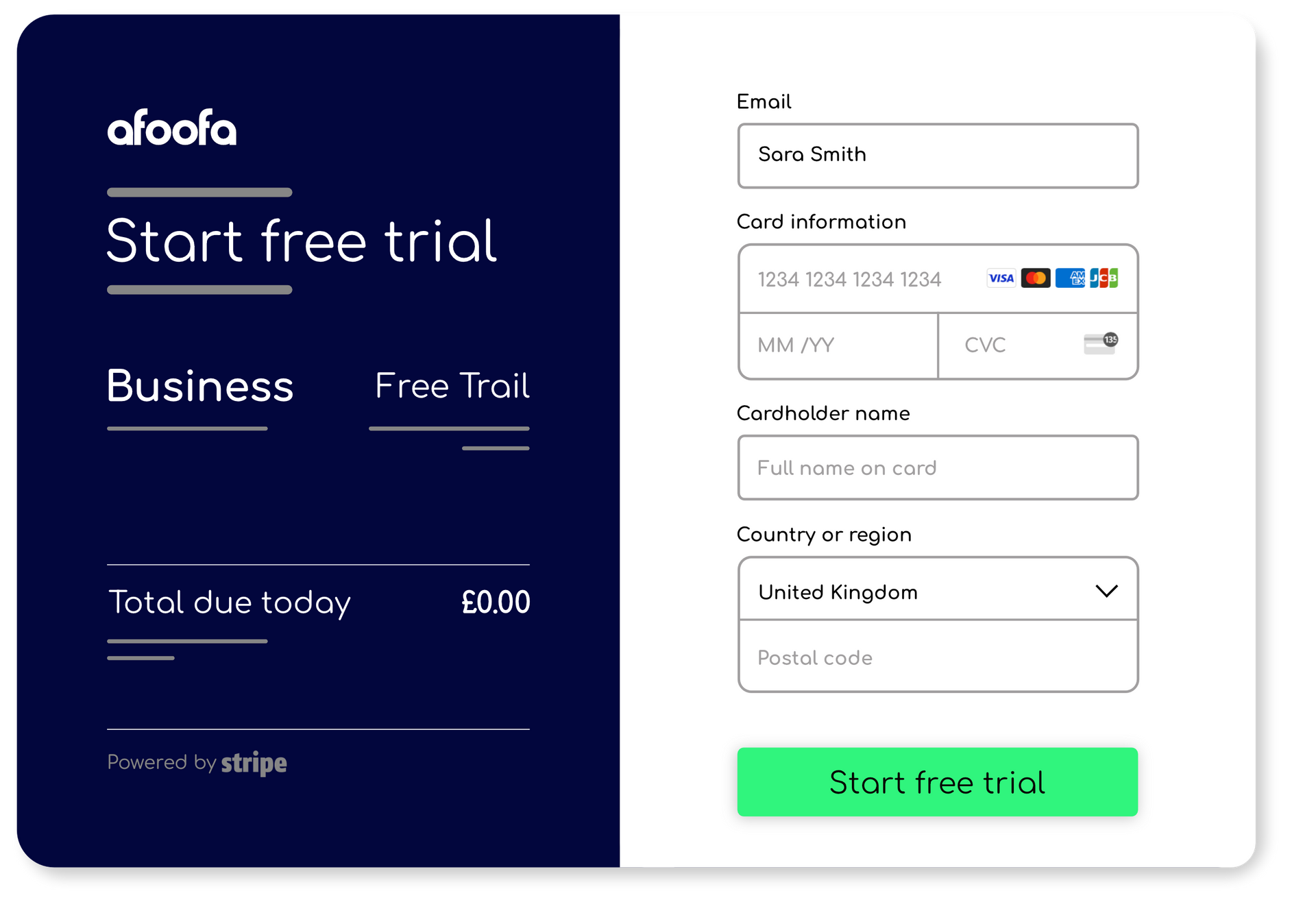 A screenshot of a start free trial page on a website.
