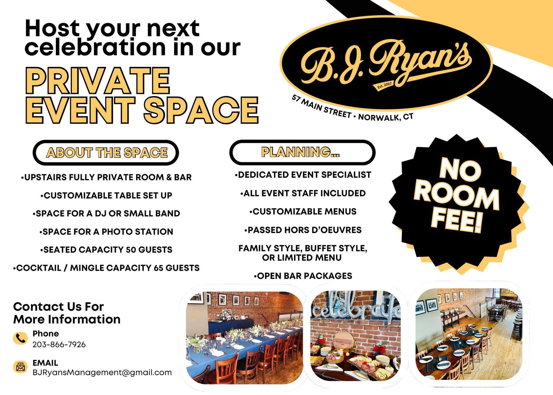 B.J. Ryan’s advertisement for a private event space in Norwalk, CT, featuring venue amenities and contact information.