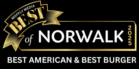 Moffly Media Best of Norwalk 2025 award logo for Best American & Best Burger, featuring gold text on a black background.