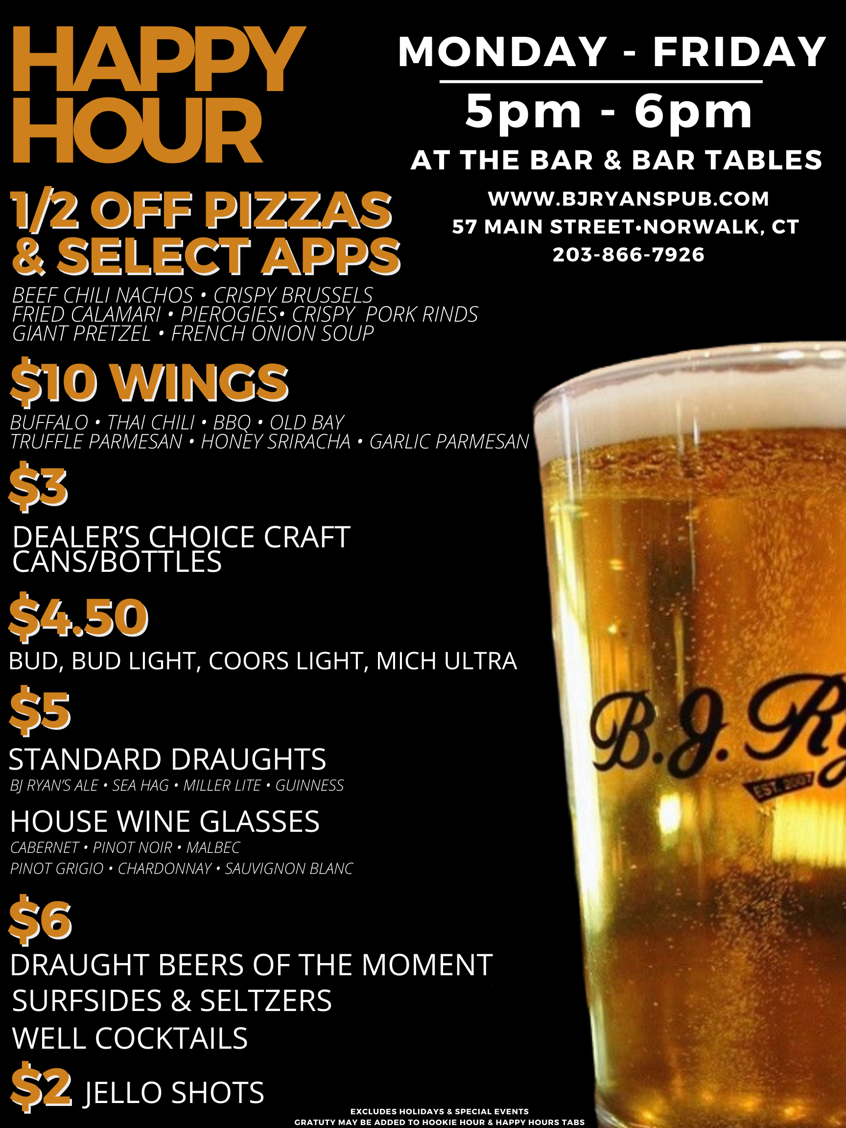 Happy Hour flyer for B.J. Ryan's featuring drink and food specials, available Mon-Fri, 5pm-6pm at the bar and tables.