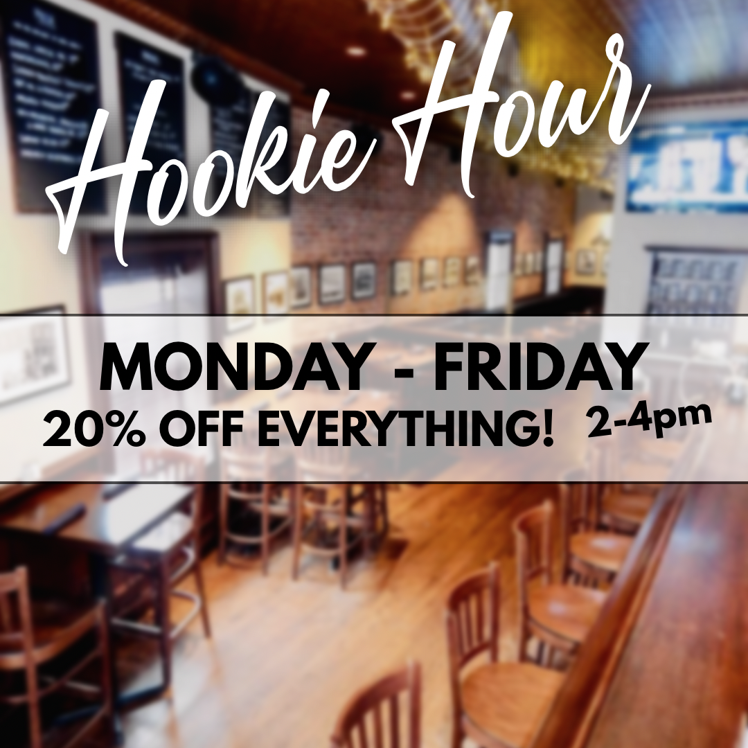 Hookie Hour at a bar, Monday-Friday, 2-4pm: 20% off everything. Text is overlaid on a blurred image of a restaurant.