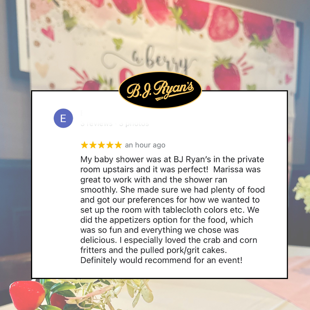 A five-star review for B.J. Ryan’s, praising a private room baby shower and the food, with a strawberry banner background.