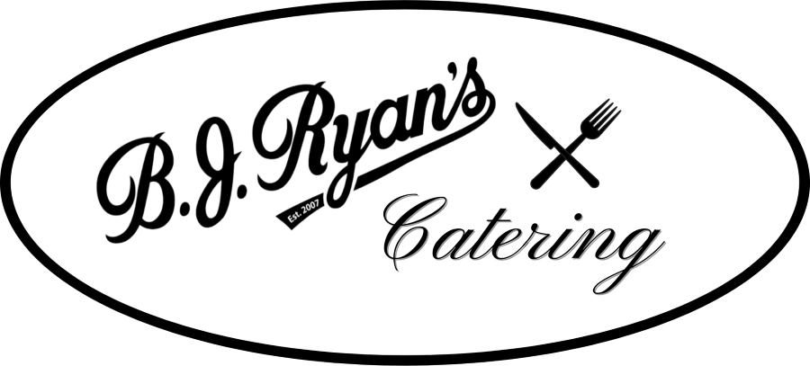 Logo for B.J. Ryan's Catering, featuring the company name in script with a crossed knife and fork inside an oval.