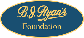 Logo for B.J. Ryan's Foundation with gold text on a blue oval background.