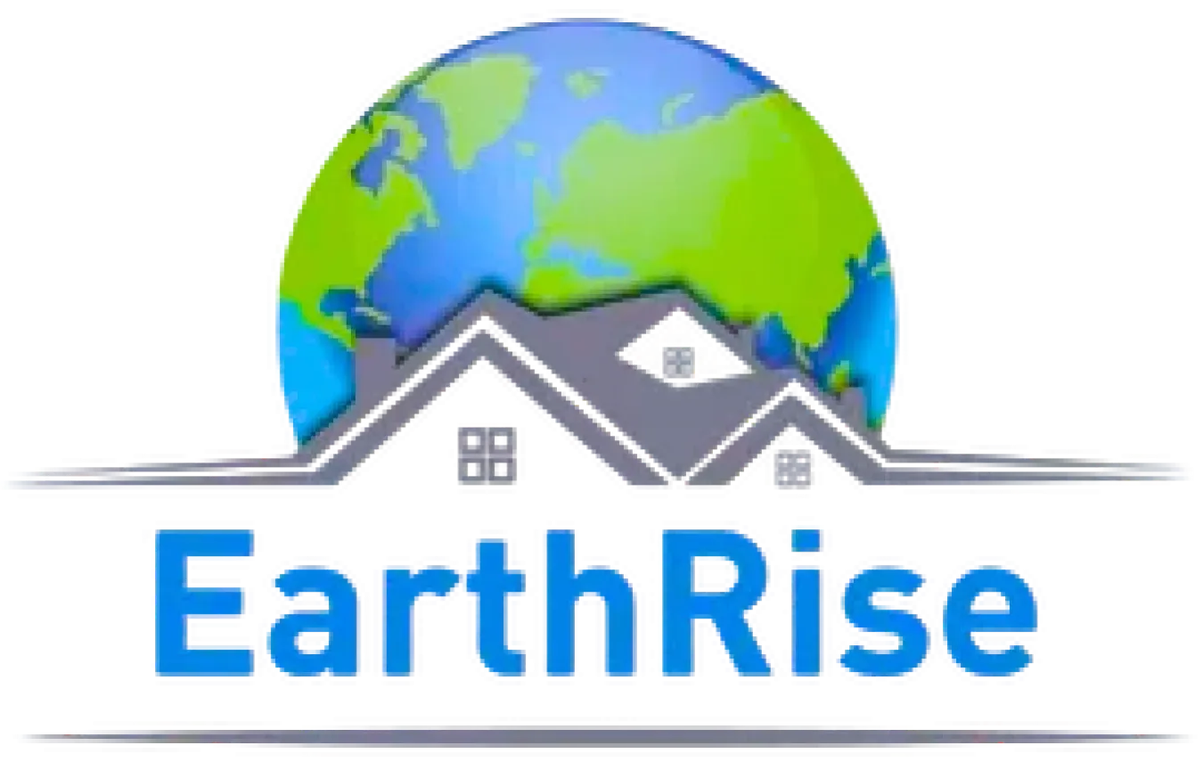 EarthRise logo featuring a globe behind stylized house roofs; blue text below.