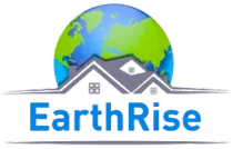 EarthRise logo featuring a globe behind stylized house roofs; blue text below.